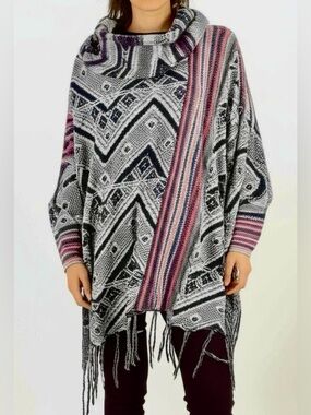 Free People Women Fringe Cowl Neck Geometric Knit Sweater Poncho Size Medium